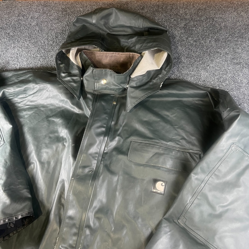 Vintage Carhartt Surrey Rain Coat Mens 2XLT Green‎ Snap Front Waterproof Jacket